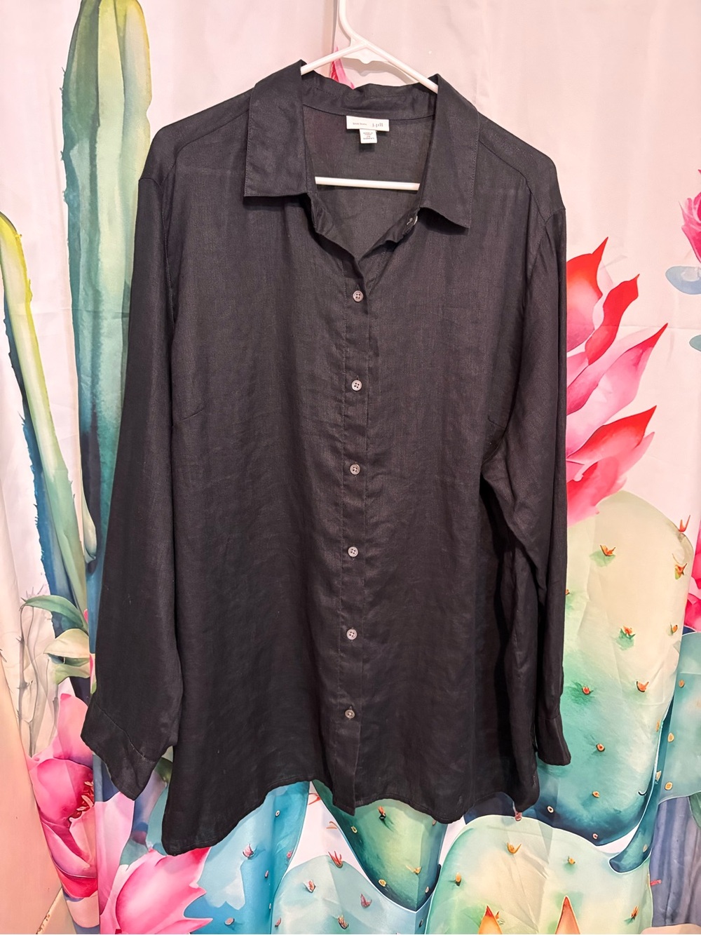 J. Jill Womens 2X Black Solid Woven Linen Collared Button-Up Long Sleeve Shirt